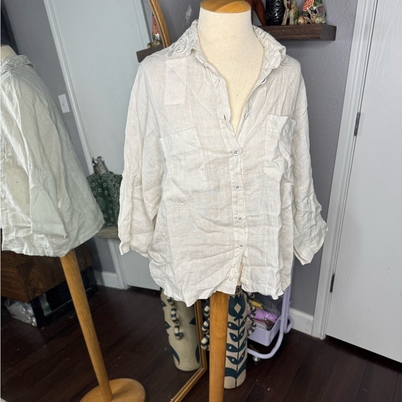 linen & more Tops - Casual Cream Button-Up Shirt